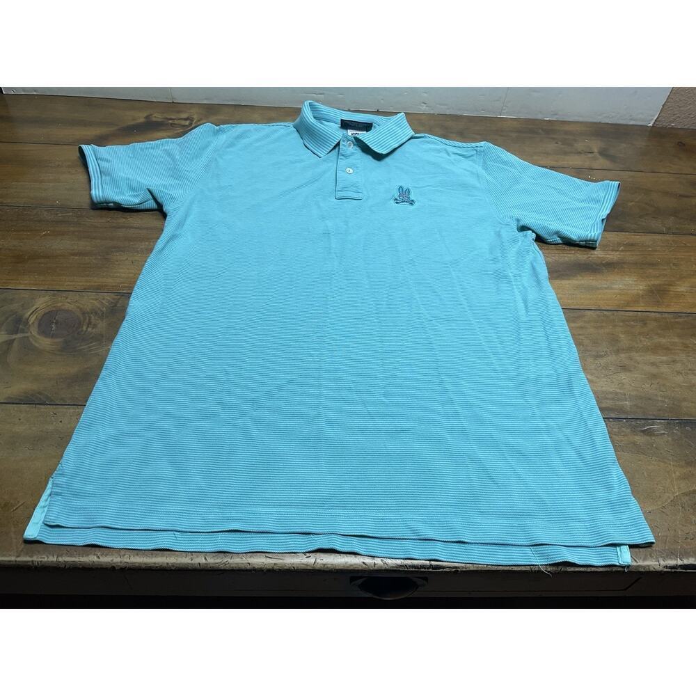 Psycho Bunny Polo Shirt Mens 8 Aqua Blue Green Striped Pima Cotton Logo